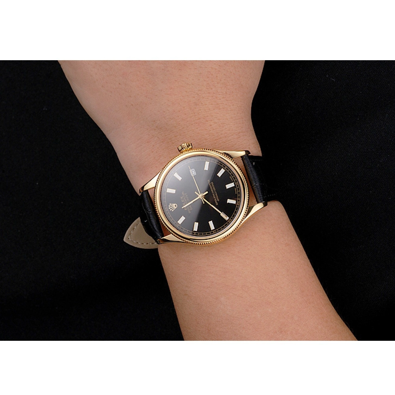 Aaa replica Swiss Strap Black Leather Dial Case Datejust Black Gold Rolex 0707